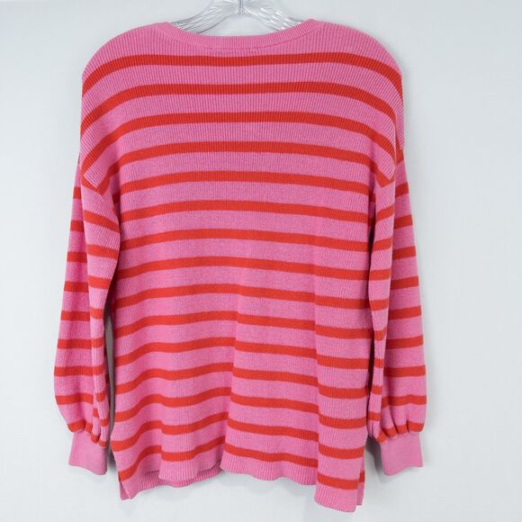 LOFT Stripe Textured Split Neck Sweater Womens Medium Pink Burst Cotton Preppy - Picture 2 of 16